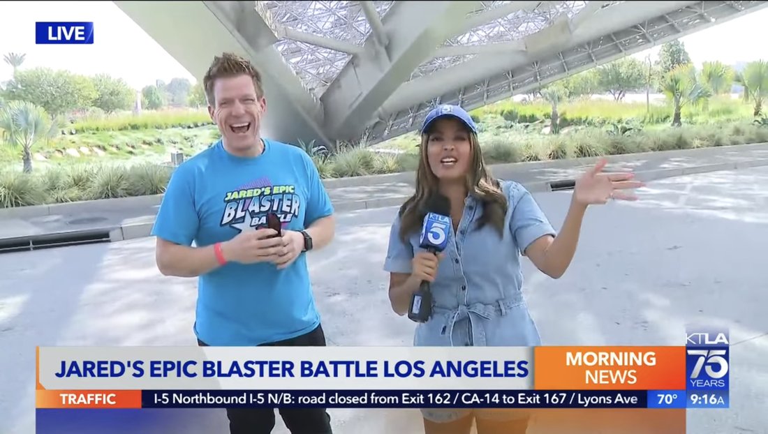 KTLA reporting live from Jared's Epic Blaster Battle in Los Angeles