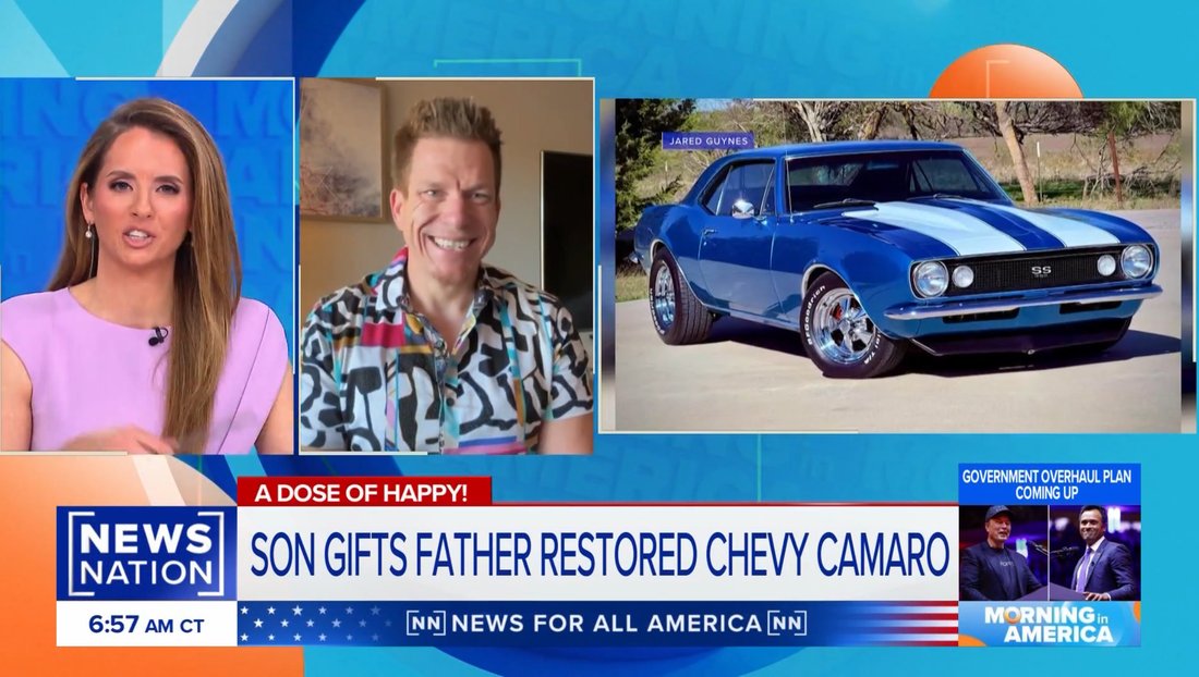 NewsNation covering Jared Guynes giving his father the restored 1967 Camaro