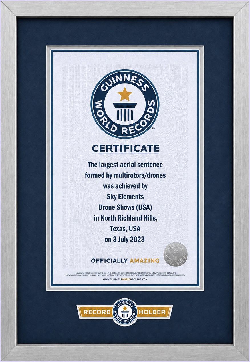 Guinness World Records certificate for the largest aerial sentence formed by multirotors, July 3, 2023