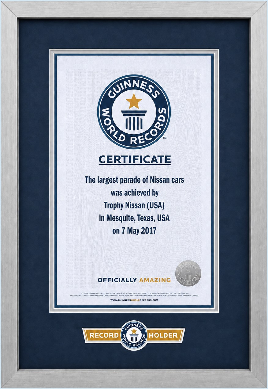 Guinness World Records certificate for the largest parade of nissan cars, May 7, 2017
