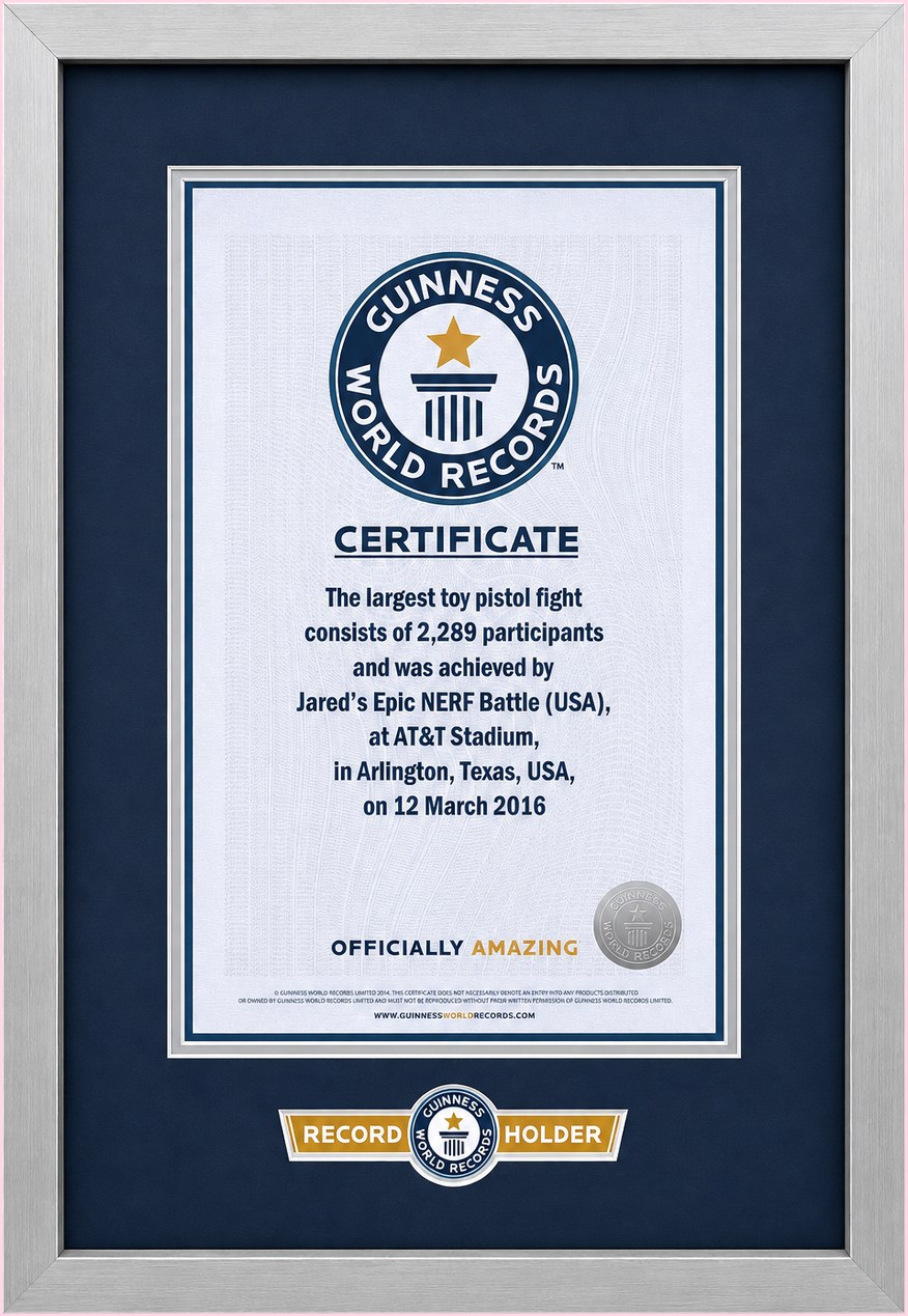 Guinness World Records certificate for the largest toy pistol fight, March 12, 2016