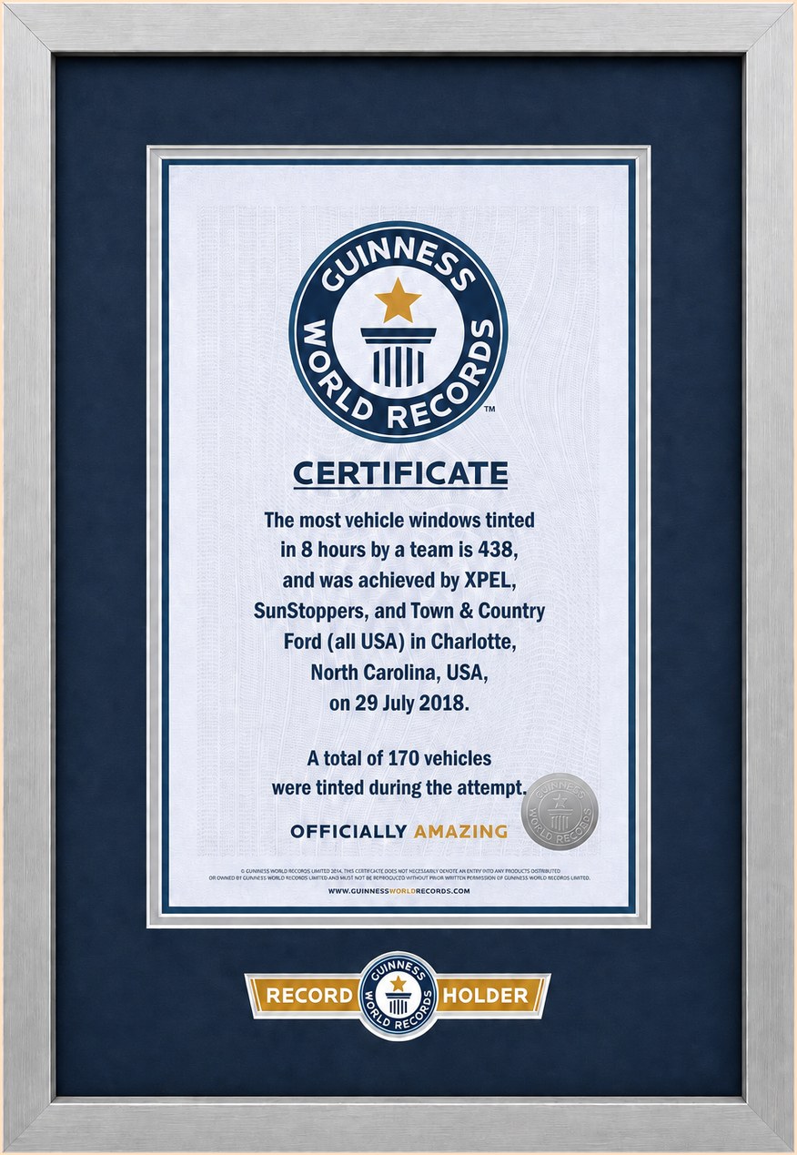 Guinness World Records certificate for the most vehicle windows tinted in 8 hours by a team, July 29, 2018