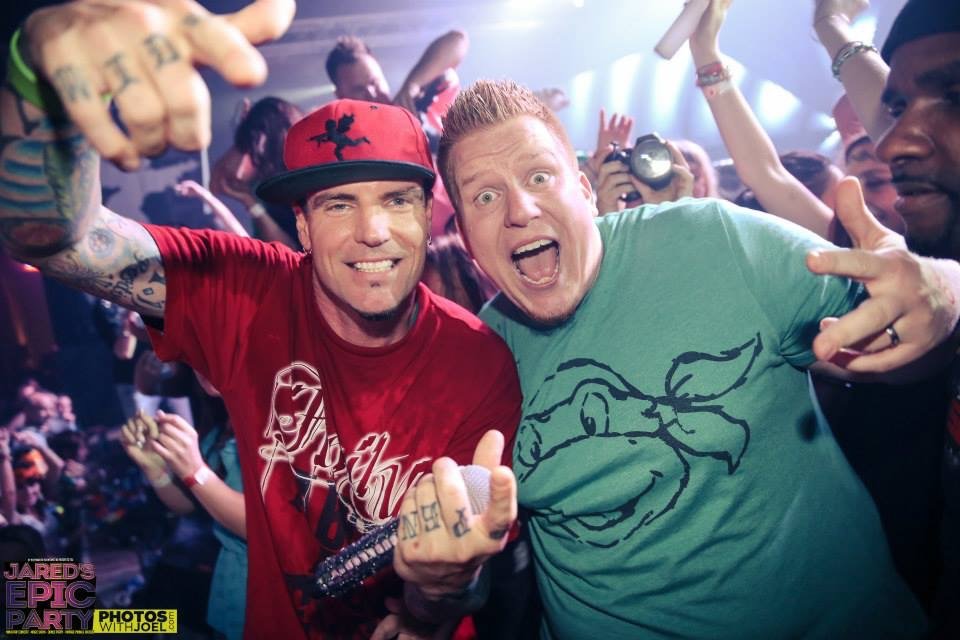 Jared Guynes on stage with Vanilla Ice at his crowdfunded thirtieth birthday party
