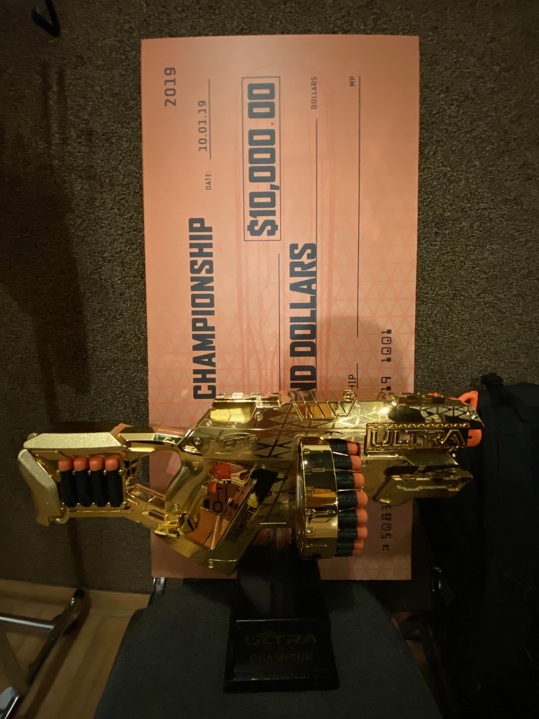 The one-of-a-kind golden Nerf blaster awarded to the first solo Nerf champion